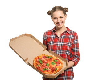 Photo of Attractive young woman with delicious pizza on white background