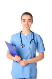 Young medical student with clipboard on white background