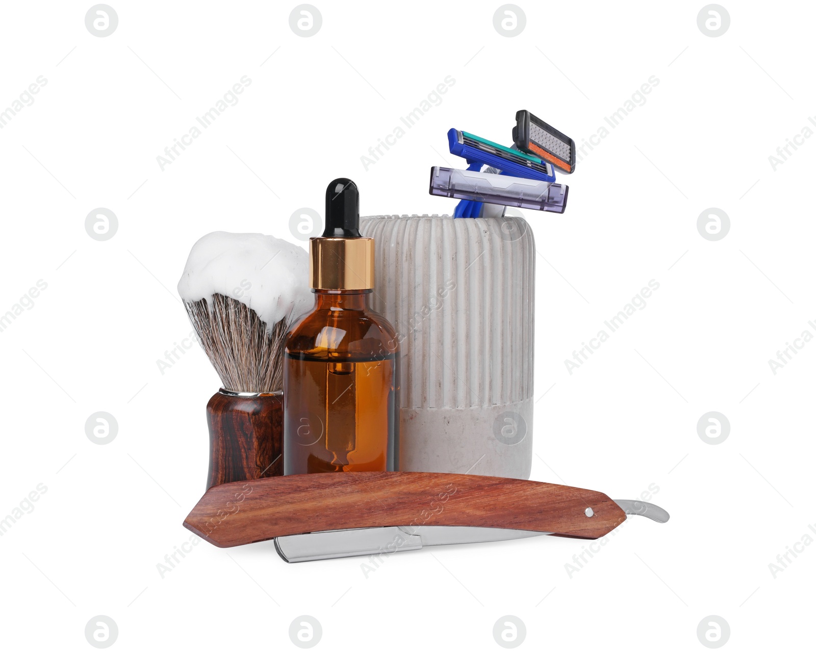 Photo of Set of men's shaving accessories on white background