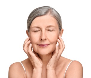 Photo of Portrait of senior woman with aging skin on white background. Rejuvenation treatment