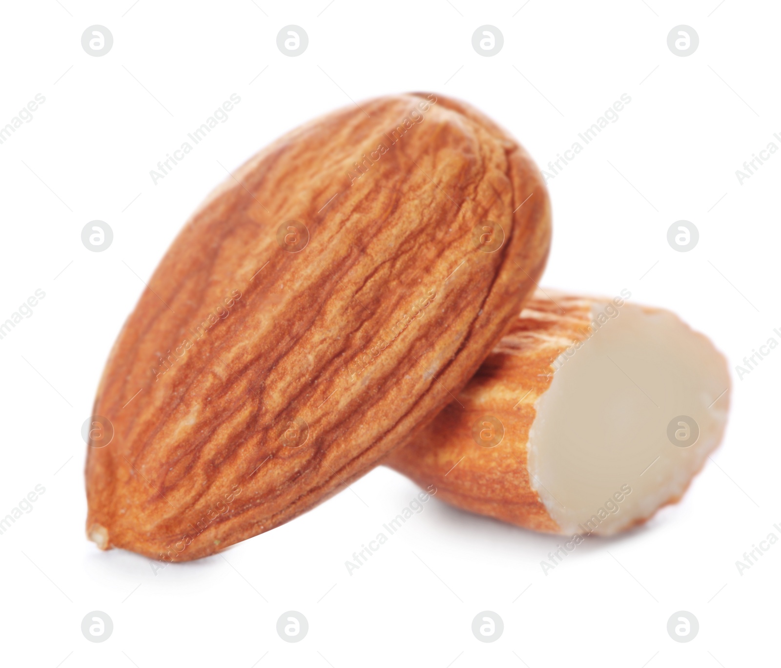 Photo of Organic almond nuts on white background. Healthy snack