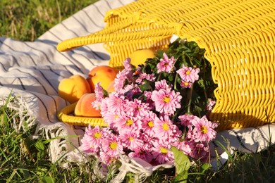 Photo of Yellow wicker bag with beautiful flowers and peaches on picnic blanket outdoors