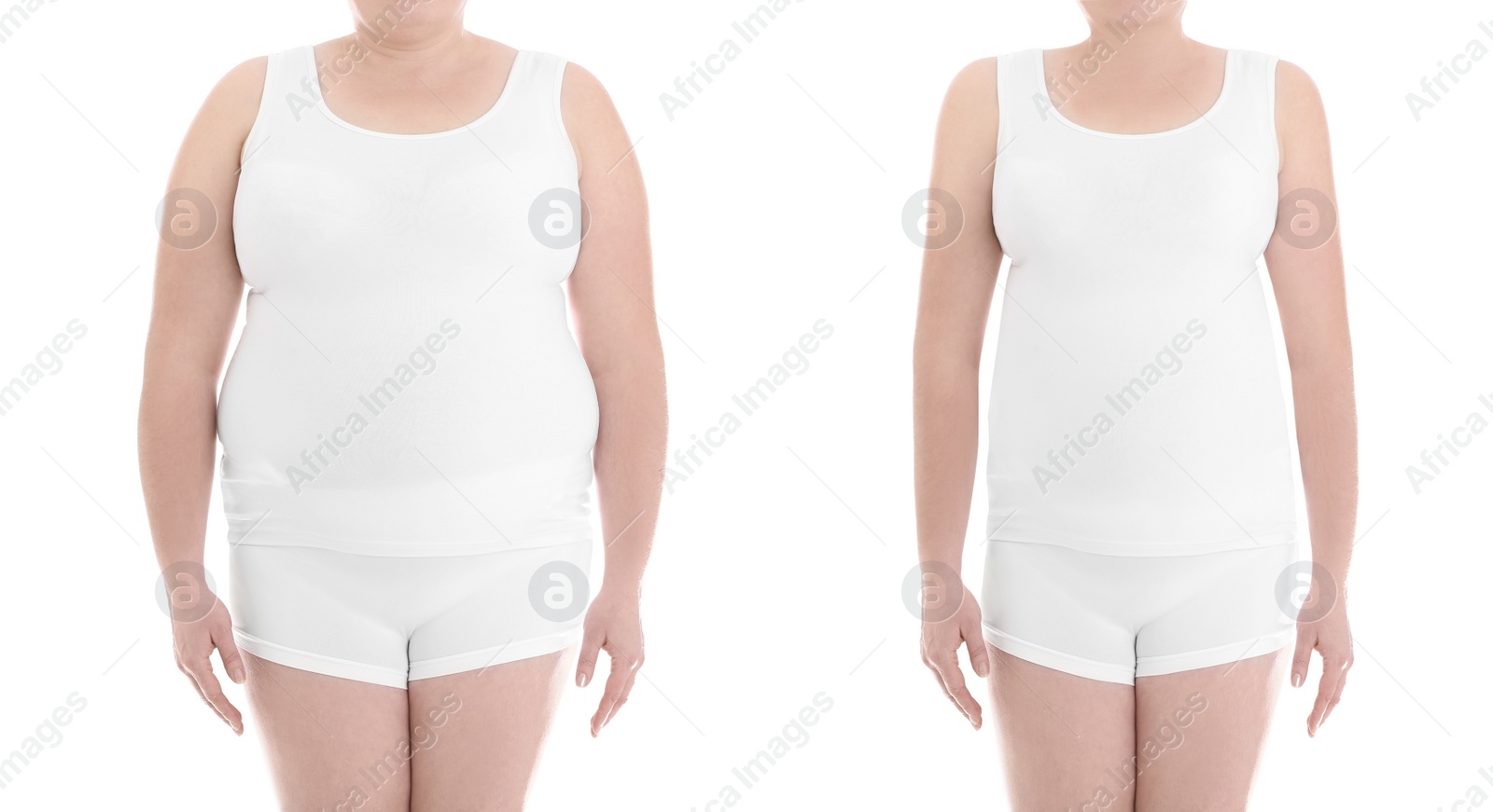 Image of Collage with photos of woman before and after weight loss diet on white background, closeup