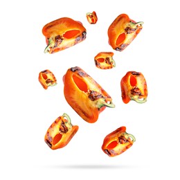 Image of Slices of grilled bell peppers in air on white background