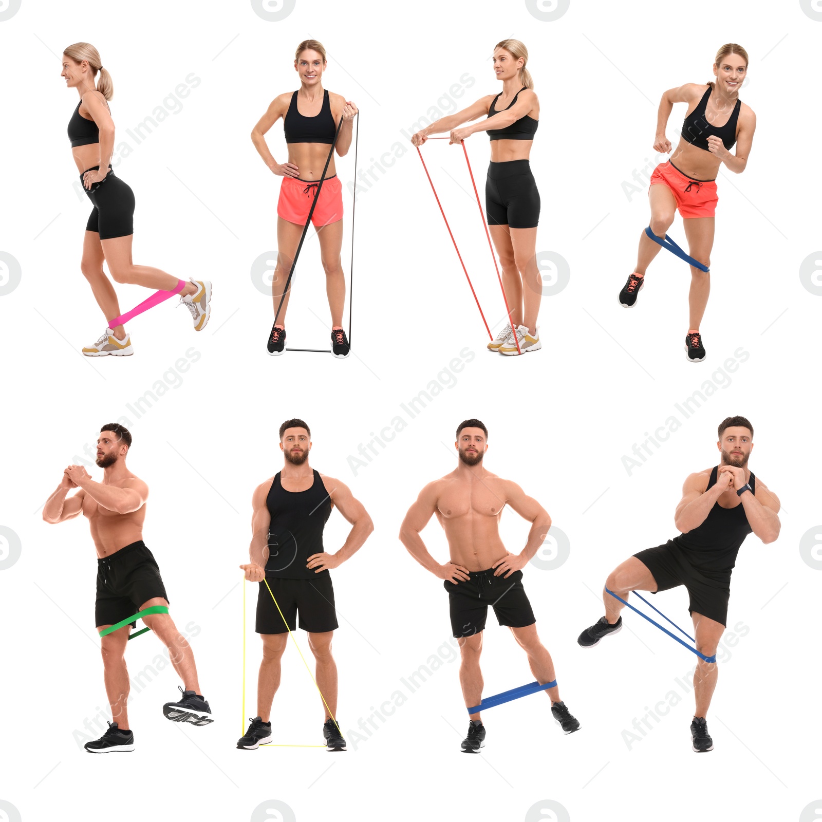 Image of Man and woman doing different exercises with elastic resistance band on white background, set of photos