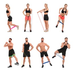 Image of Man and woman doing different exercises with elastic resistance band on white background, set of photos