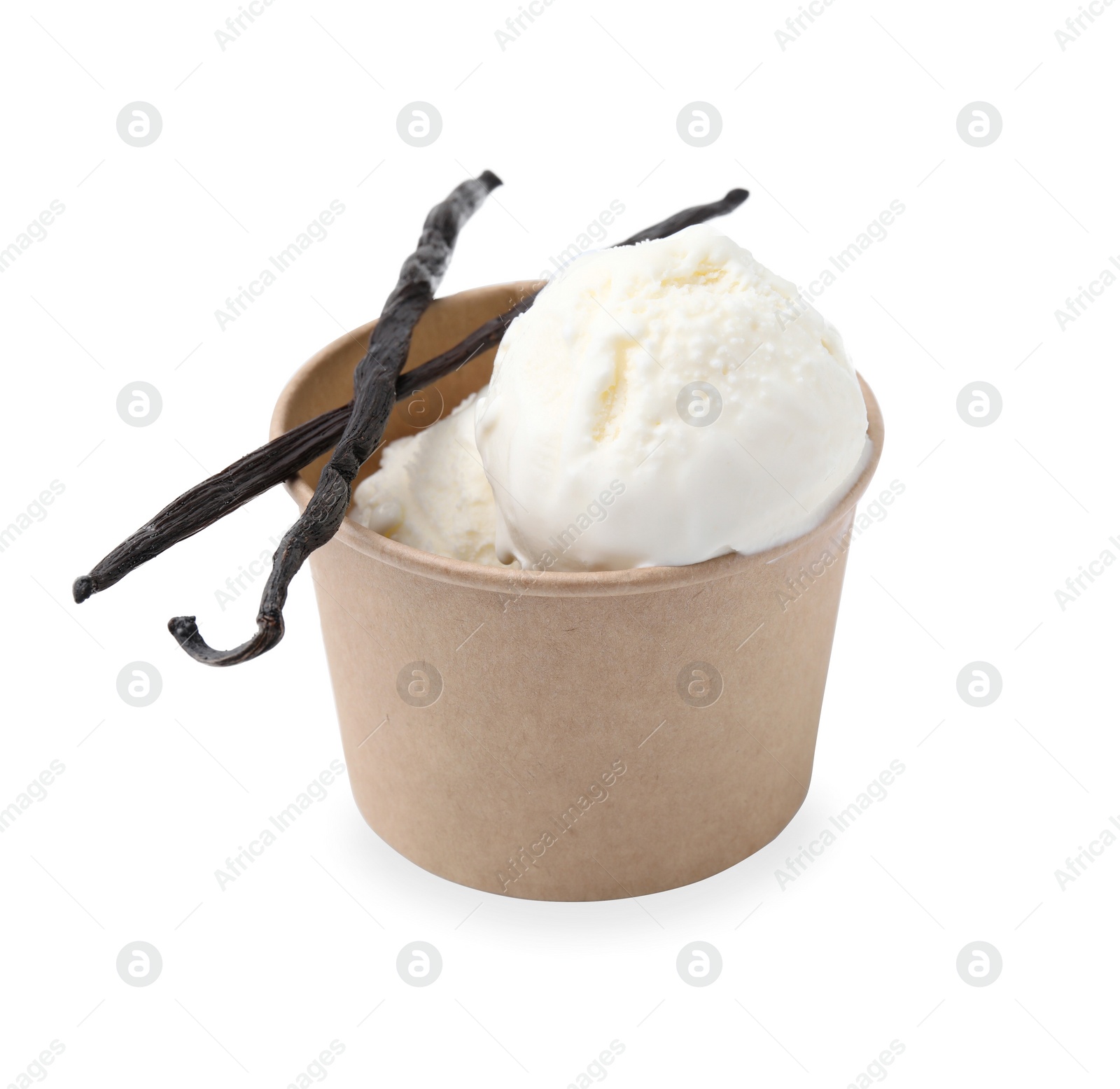 Photo of Delicious ice cream with vanilla pods in paper cup isolated on white