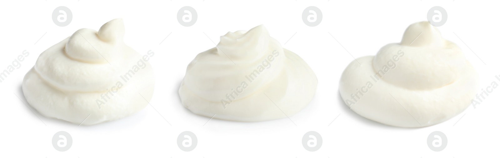 Image of Set of delicious natural yogurt on white background. Banner design