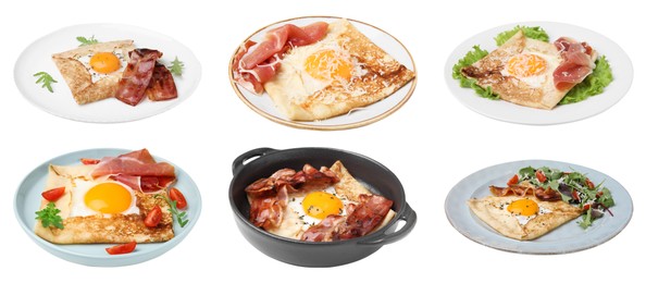 Image of Set with delicious crepes with eggs on white background. Breton galette. Banner design