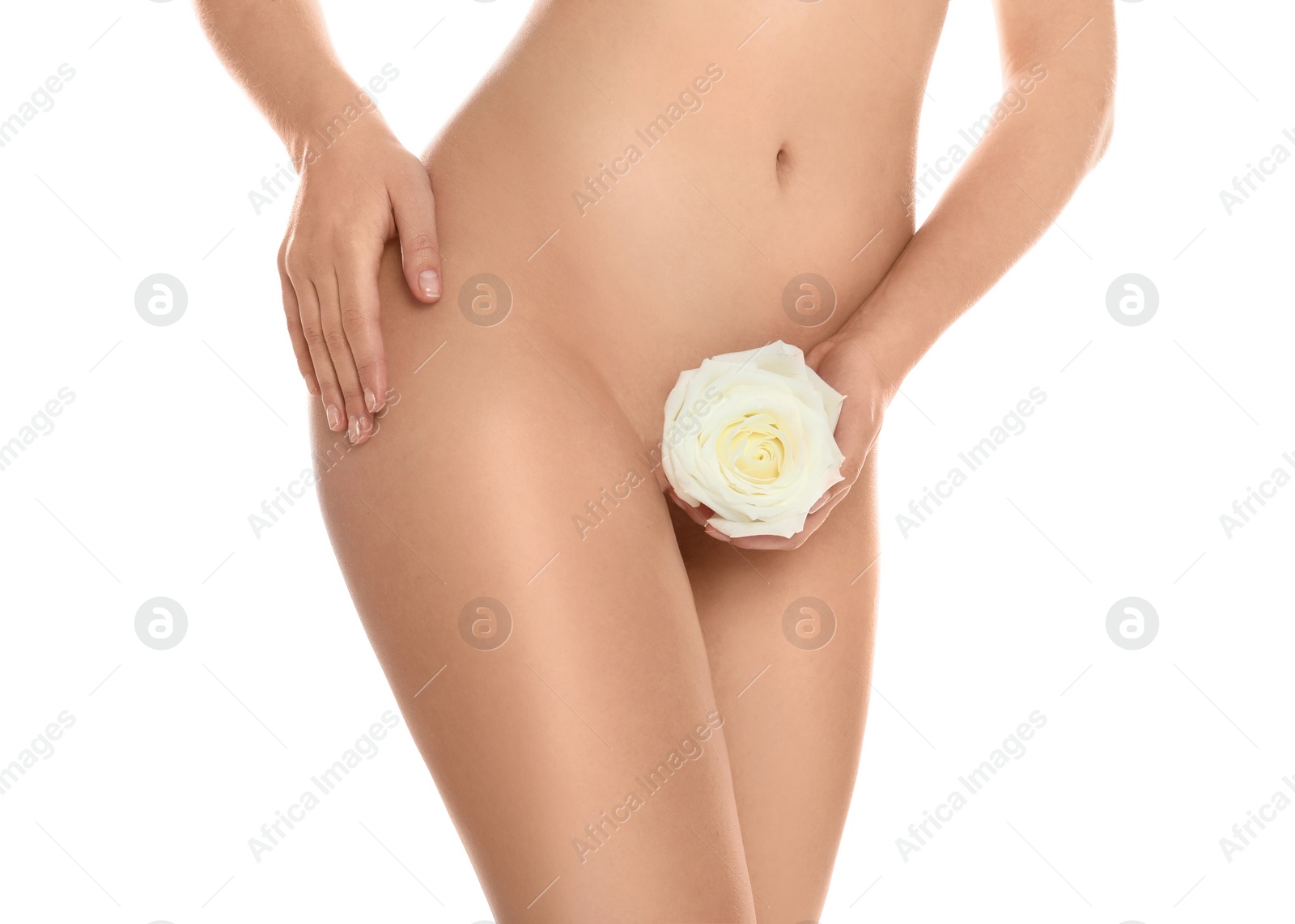 Photo of Woman with rose showing smooth skin on white background, closeup. Brazilian bikini epilation