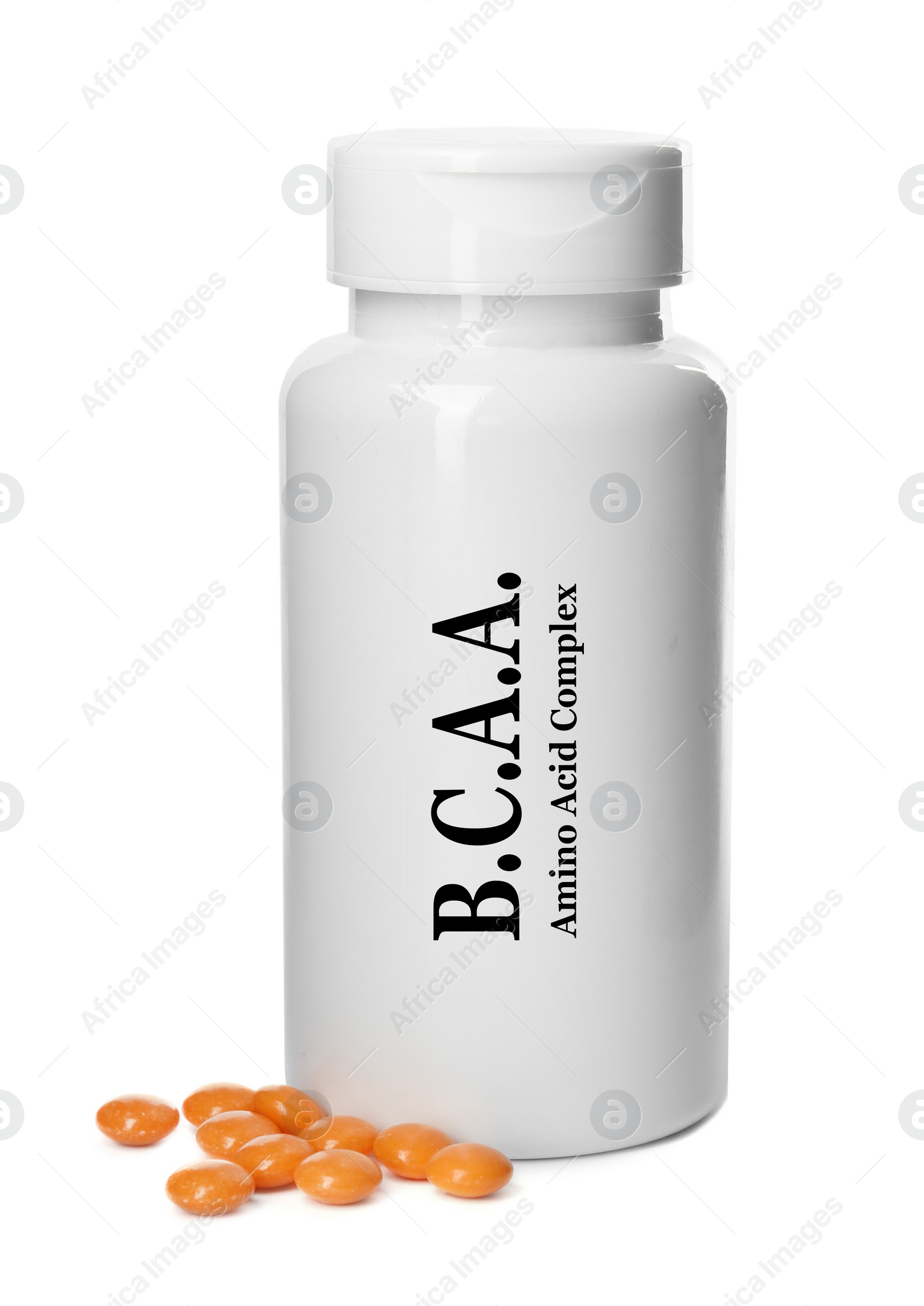 Image of Plastic bottle with Amino Acid Complex (BCAA) and pills on white background