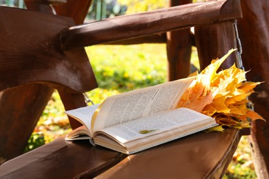 Photo of Wooden swing with book and yellow dry leaves outdoors. Autumn atmosphere