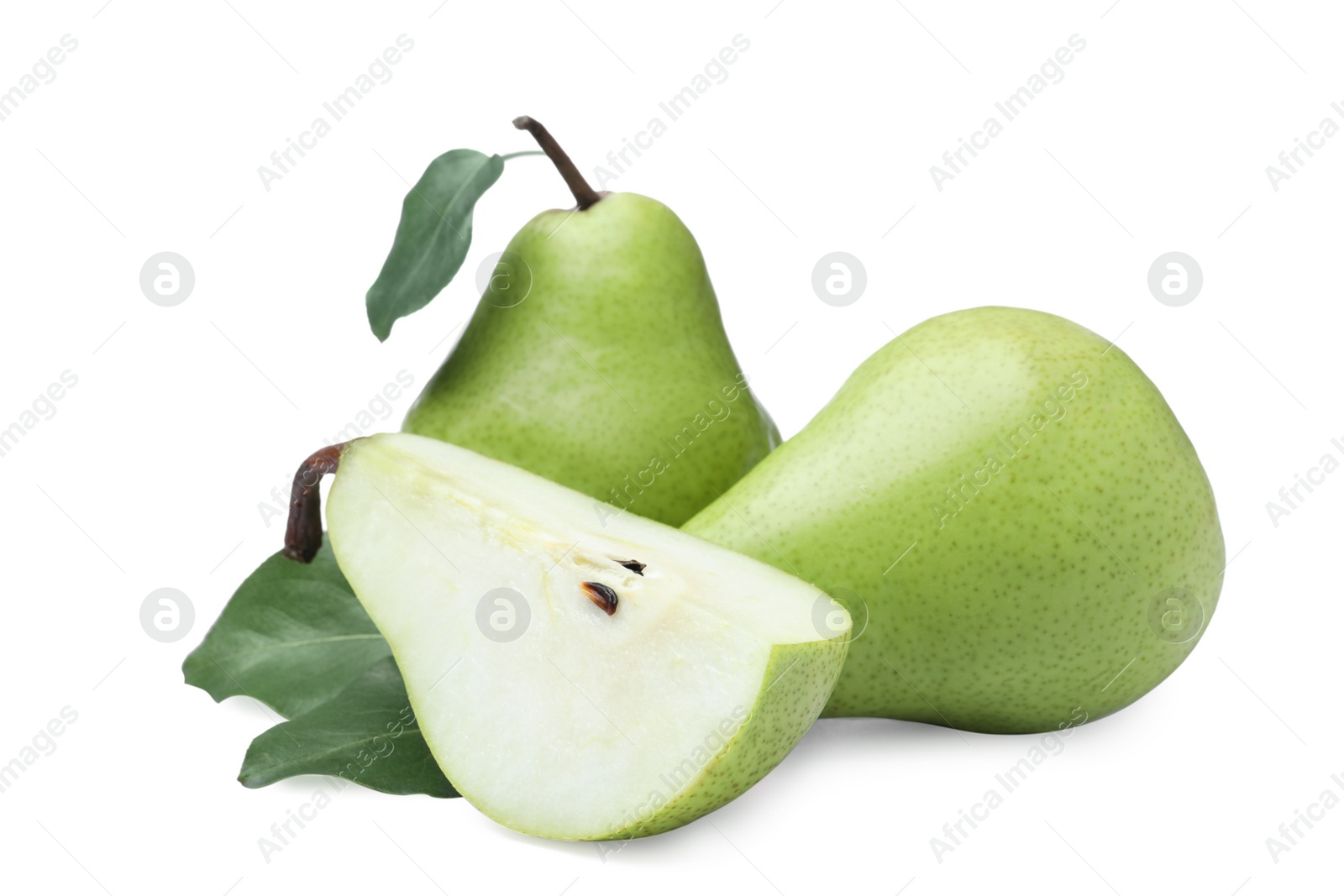 Photo of Whole and cut fresh ripe pears on white background