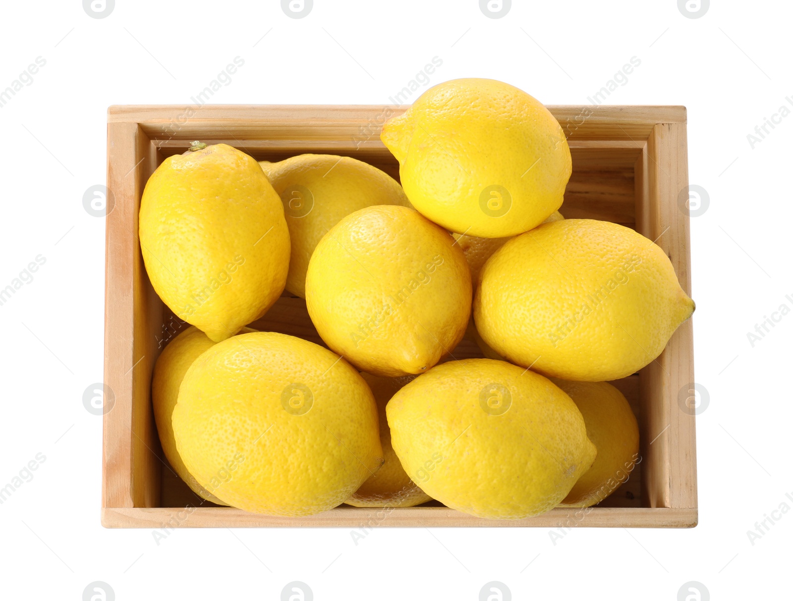 Photo of Wooden crate full of fresh lemons on white background, top view