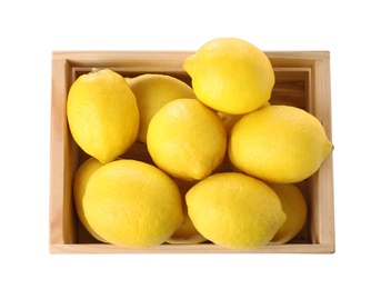 Wooden crate full of fresh lemons on white background, top view