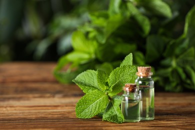 Photo of Bottles of mint essential oil and green leaves on wooden table, space for text