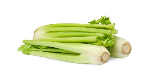 Photo of Fresh green celery bunches isolated on white