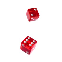 Two red dice in air on white background