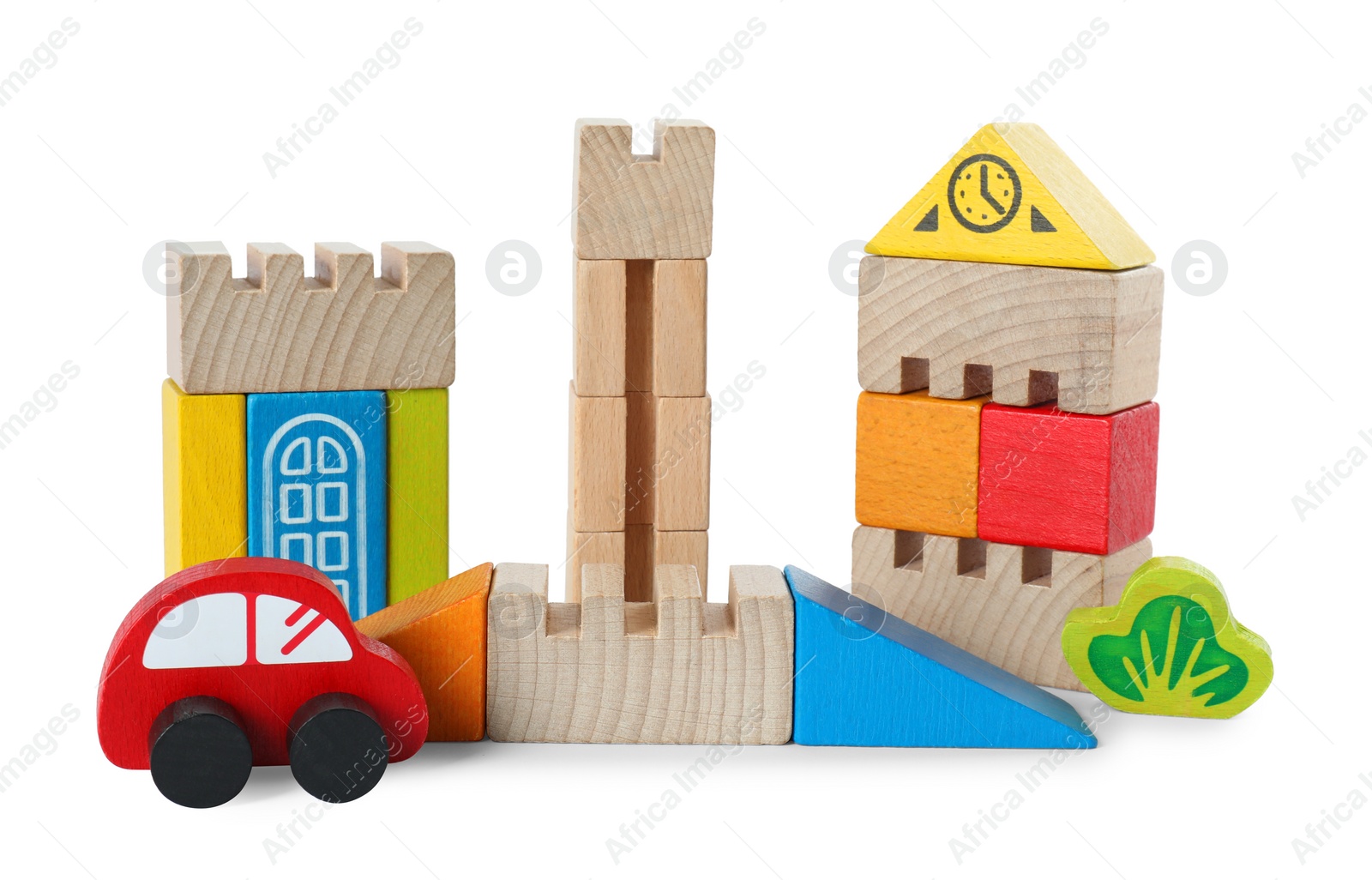 Photo of Set of wooden toys isolated on white. Children's development