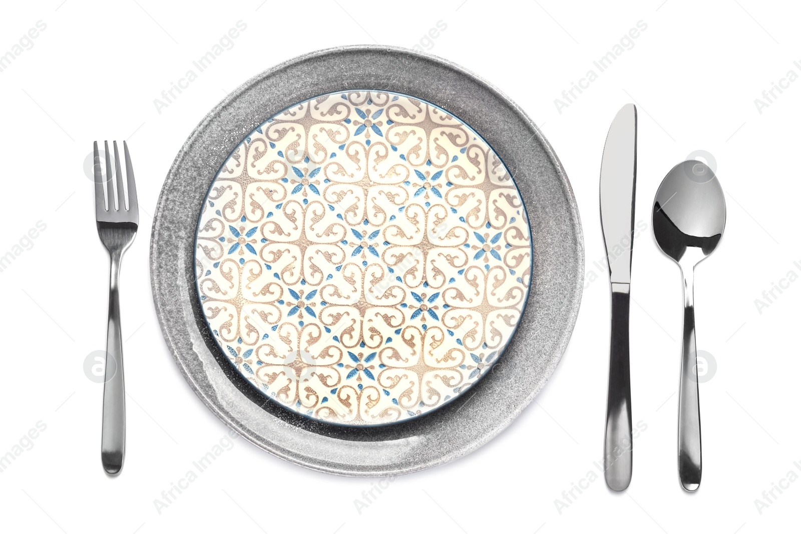 Photo of Elegant table setting on white background, top view