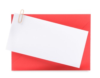 Photo of Blank card and red letter envelope on white background