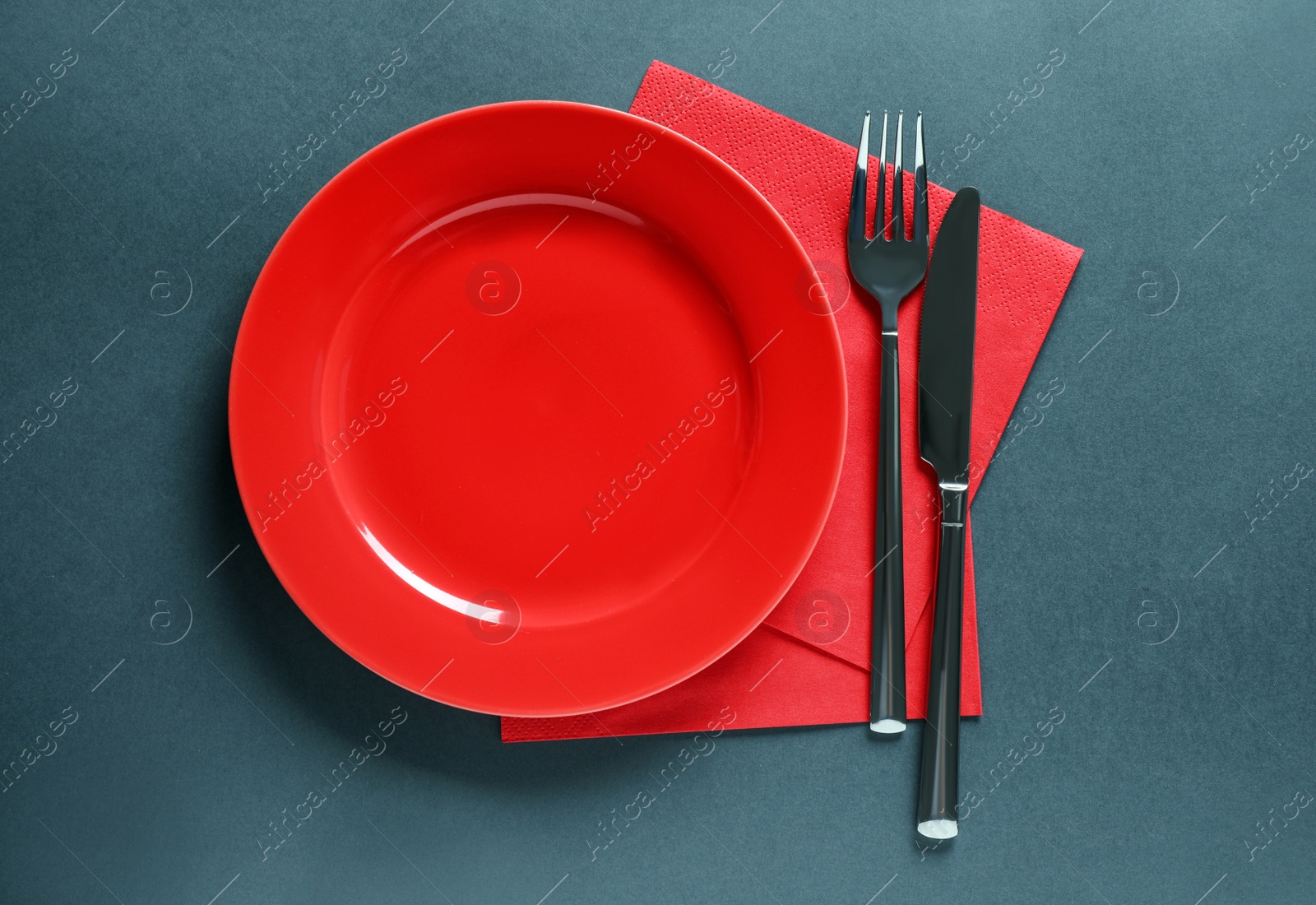 Photo of Beautiful table setting on black background, flat lay