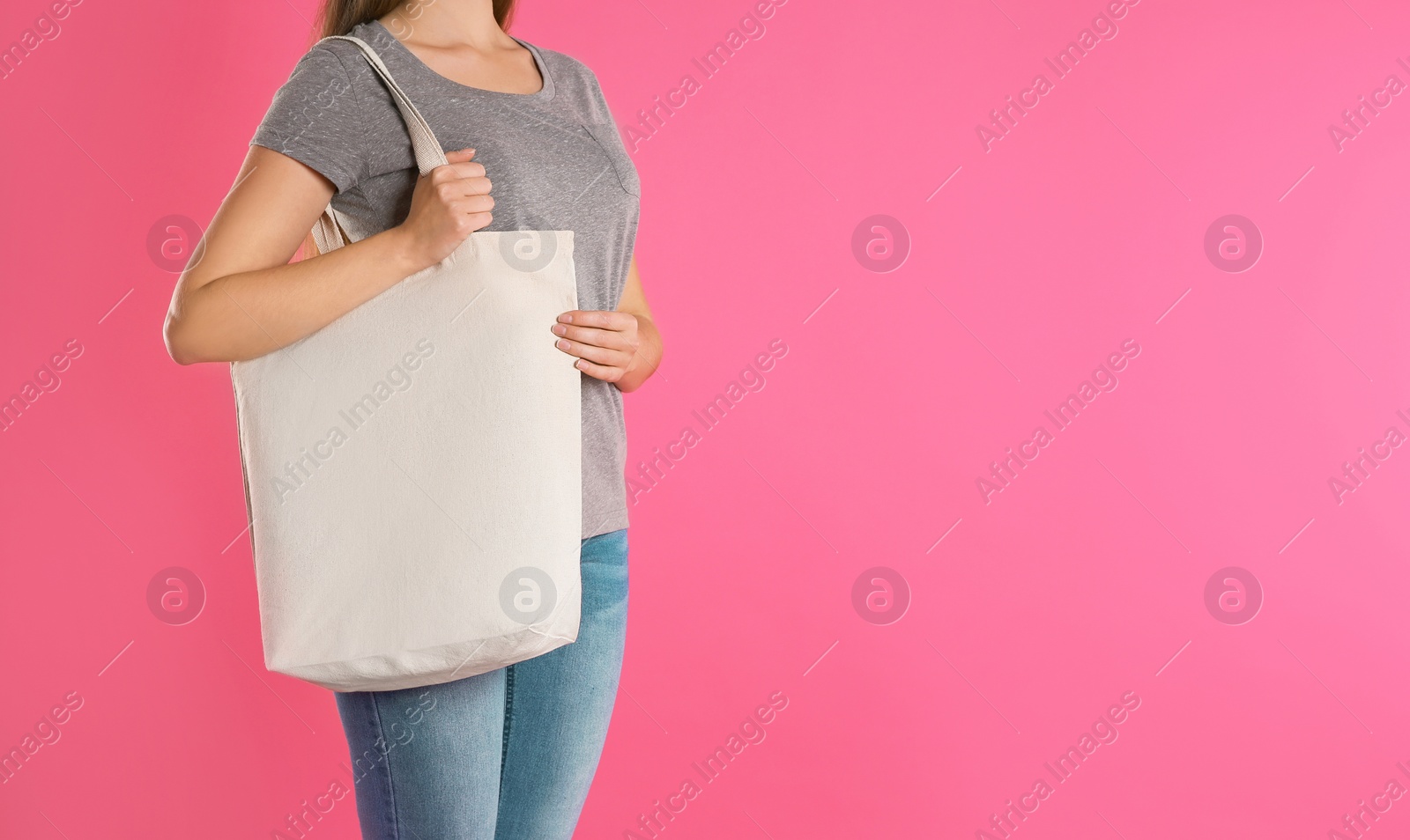 Photo of Woman with eco bag on color background. Mock up for design