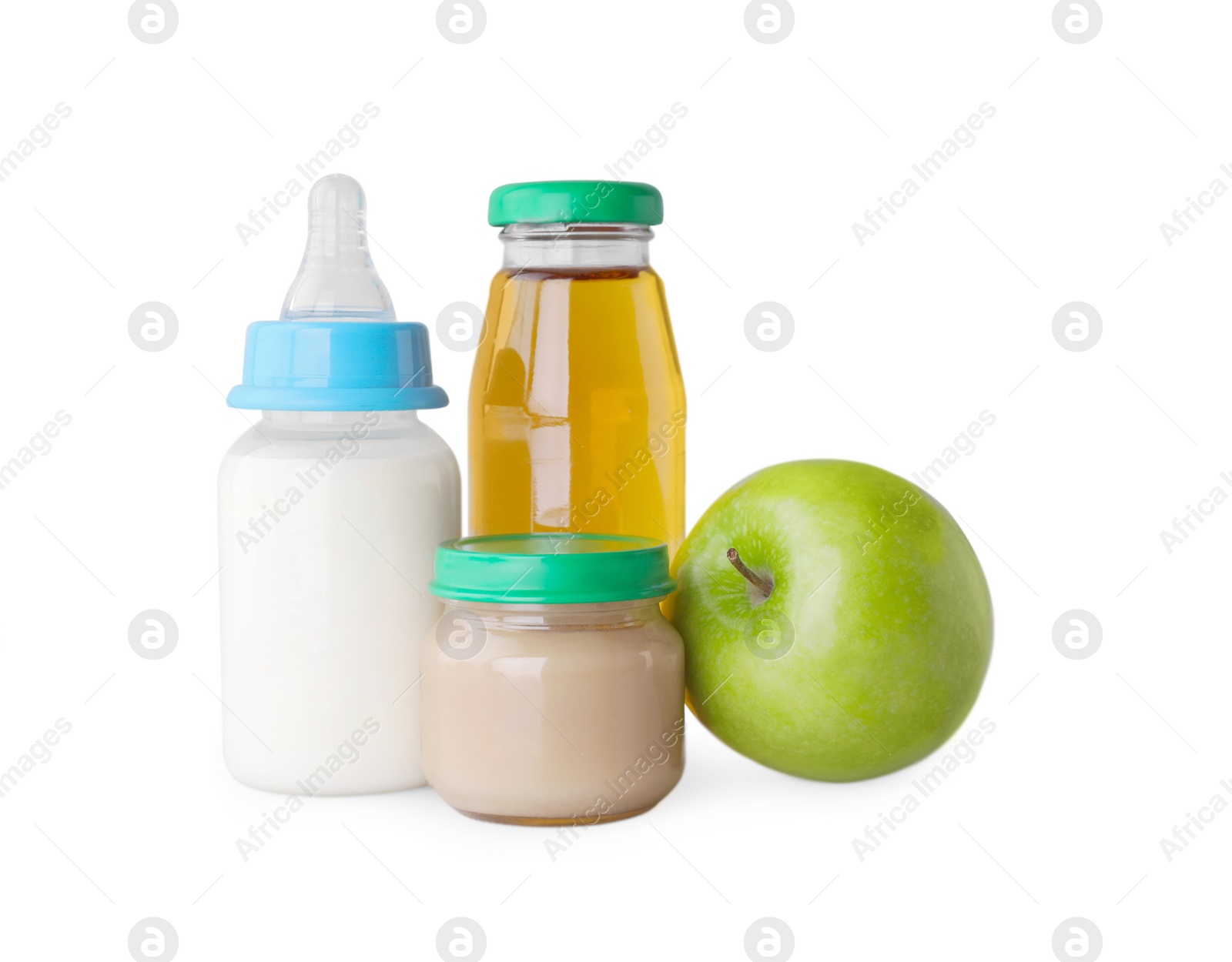 Photo of Healthy baby food, bottles with milk, juice and apple on light grey background