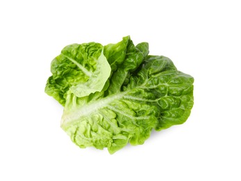 Photo of Fresh leaves of green romaine lettuce isolated on white, top view