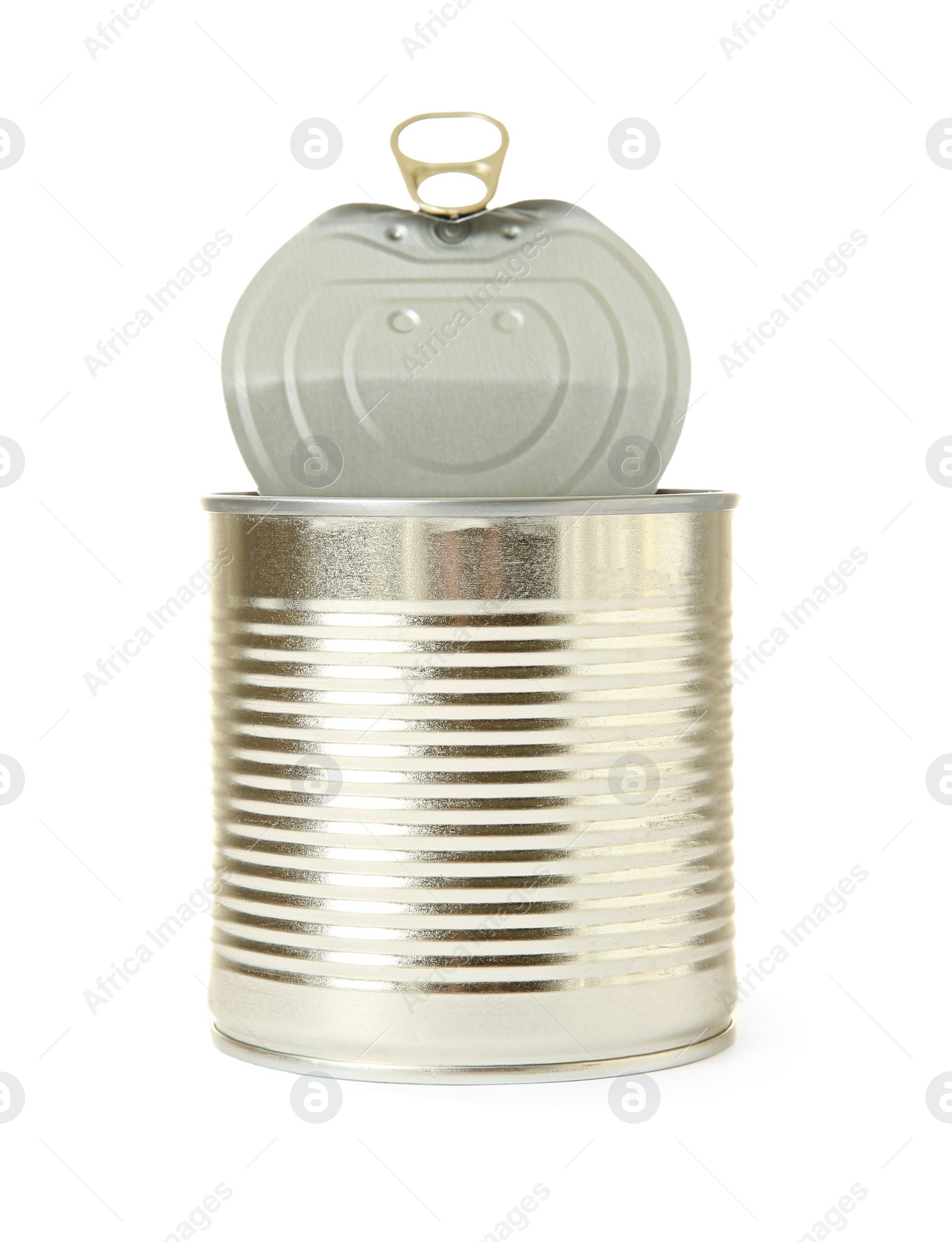 Photo of Open tin can isolated on white, mockup for design