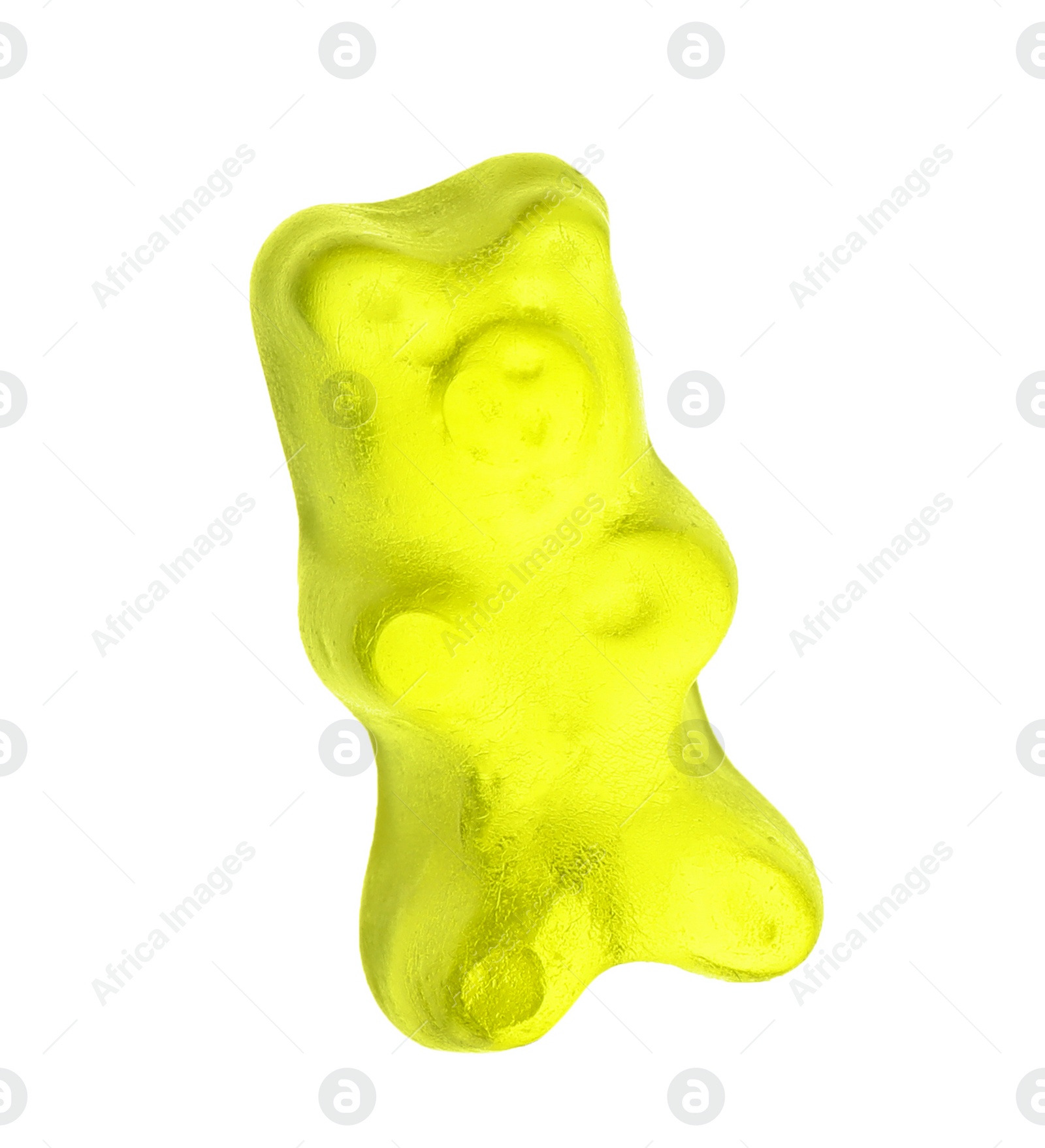 Photo of Delicious yellow jelly bear on white background