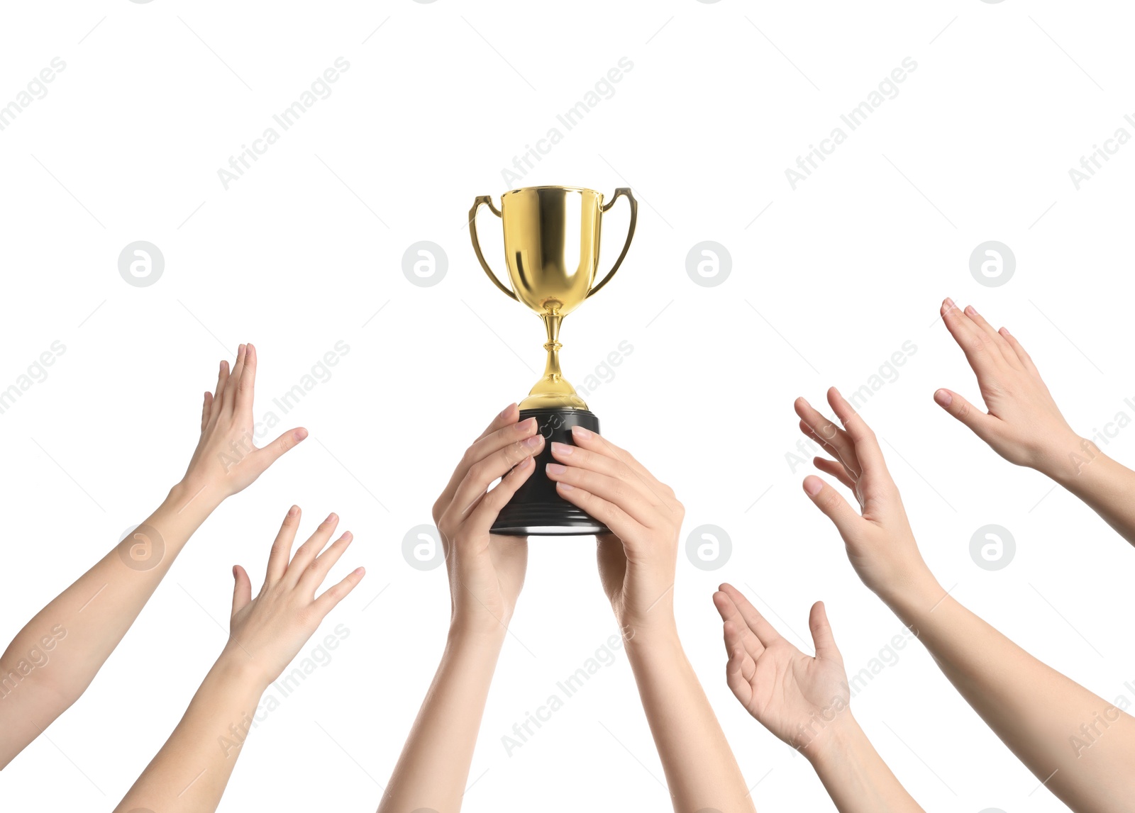 Image of People with golden trophy cup on white background, closeup