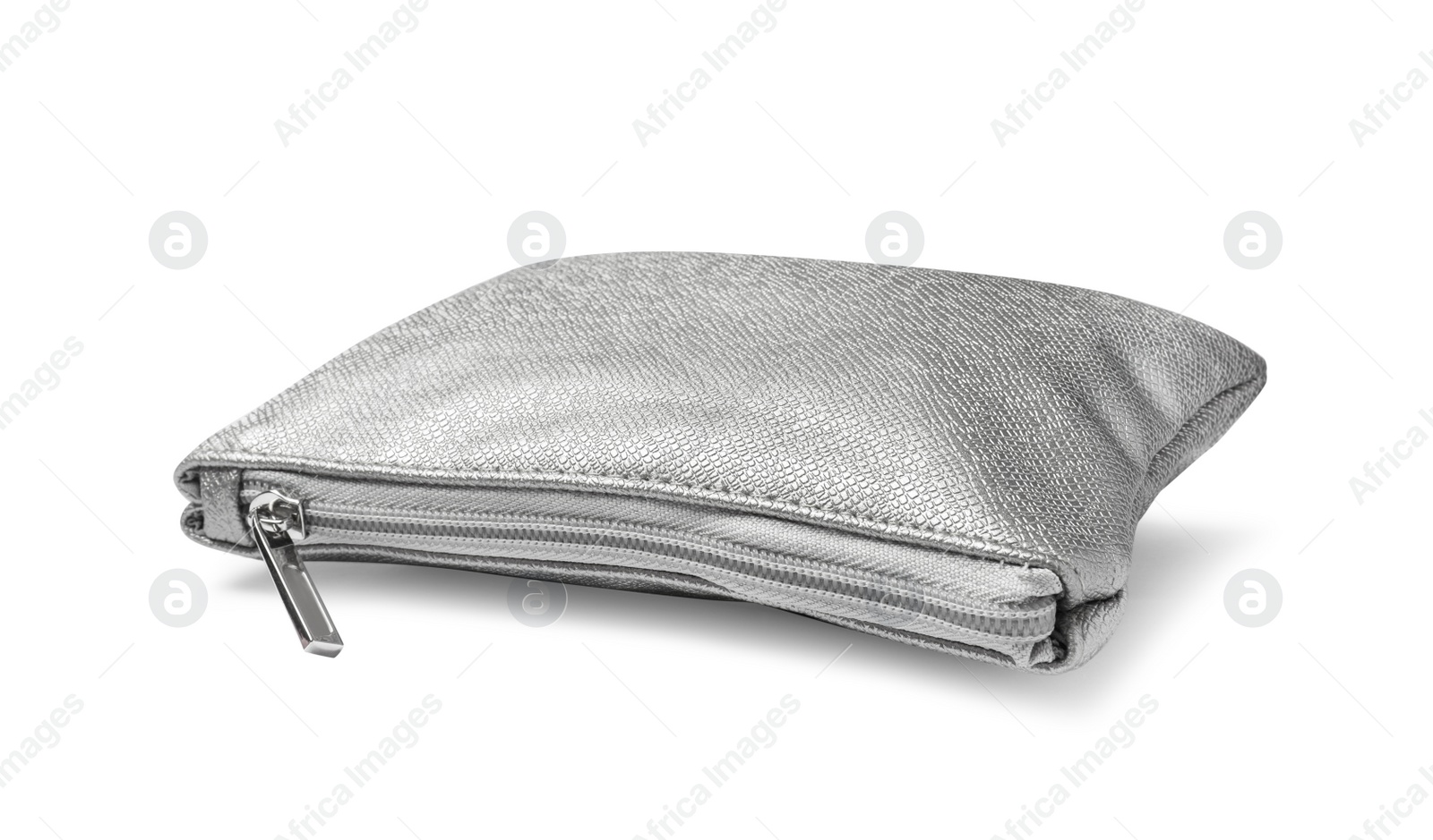 Photo of Stylish silver cosmetic bag isolated on white