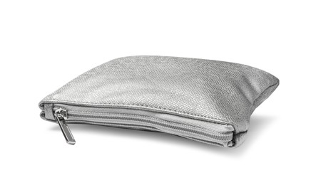 Stylish silver cosmetic bag isolated on white