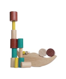 Photo of Wooden pieces for balance game isolated on white. Educational toy for motor skills development