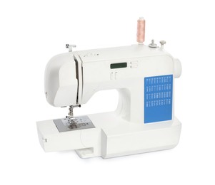 Photo of Modern sewing machine with pink thread isolated on white