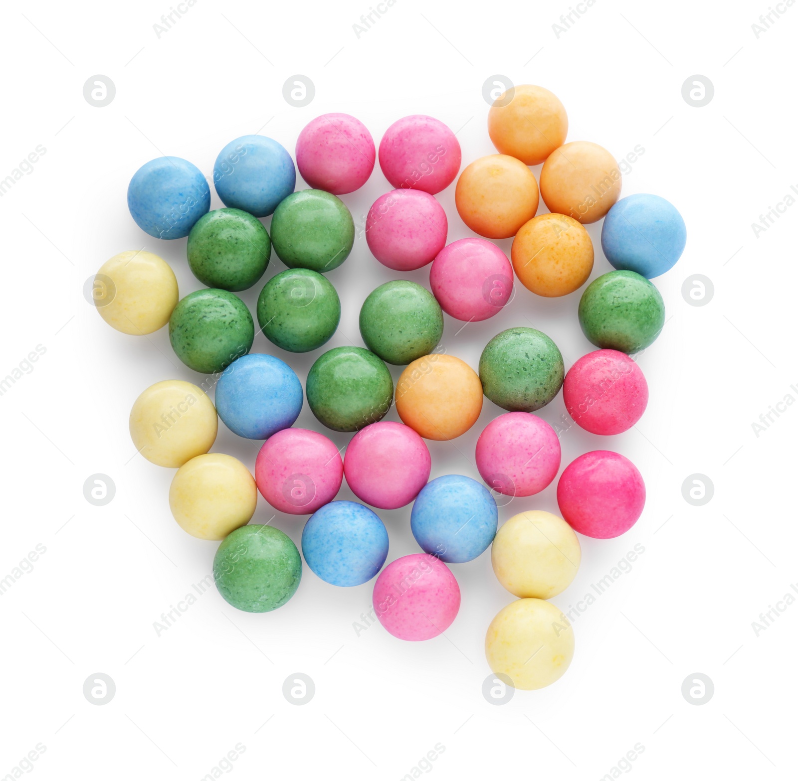 Photo of Many bright chewy gumballs isolated on white