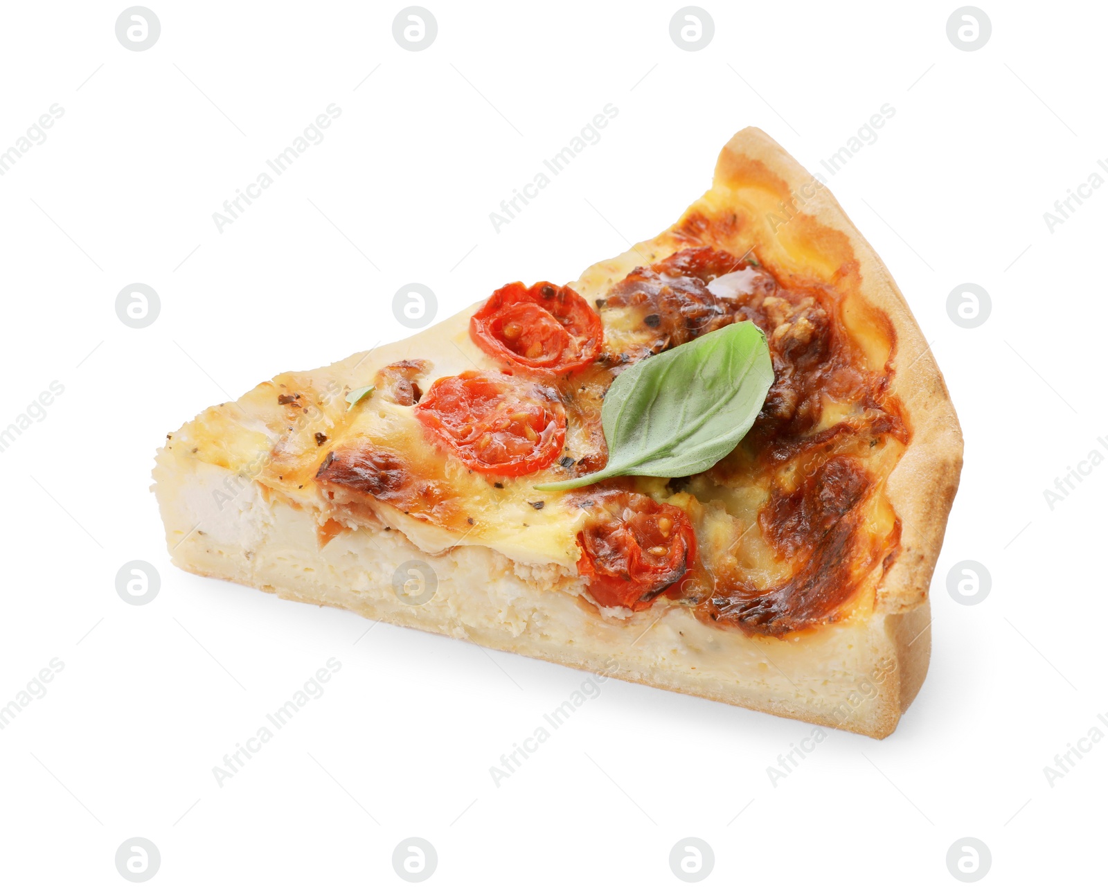 Photo of Piece of delicious homemade quiche with prosciutto isolated on white