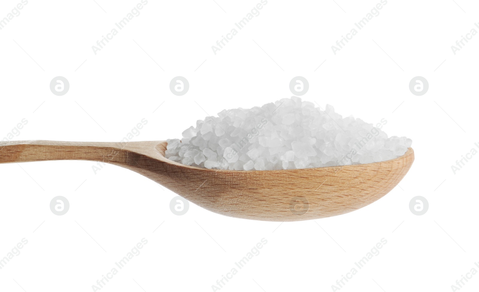 Photo of Natural salt in wooden spoon on white background