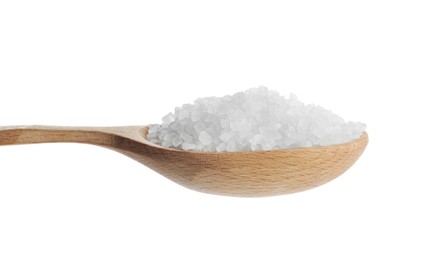 Natural salt in wooden spoon on white background