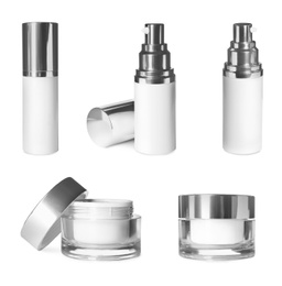 Set of luxury cosmetic products on white background