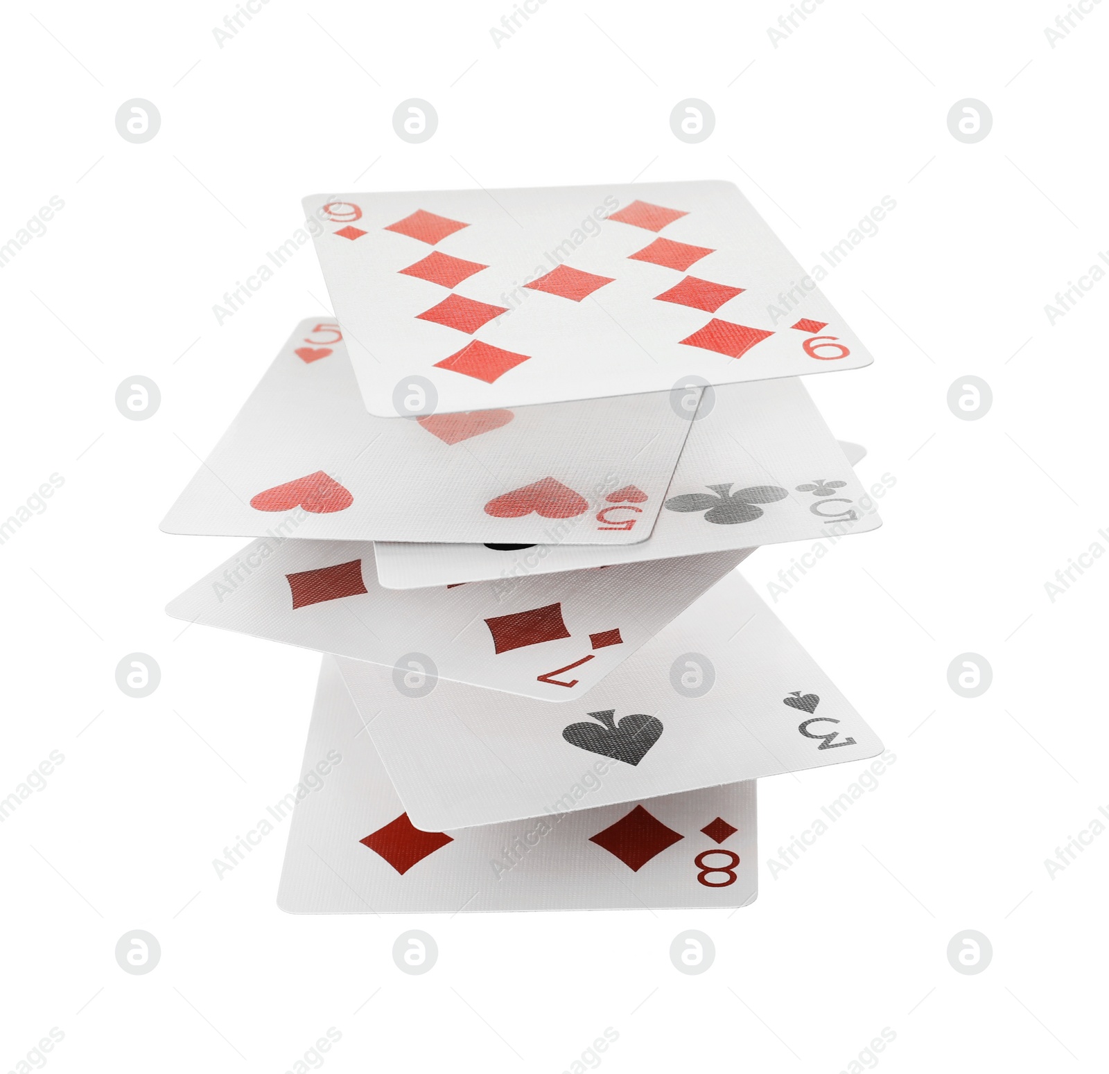 Photo of Different playing cards floating on white background. Poker game