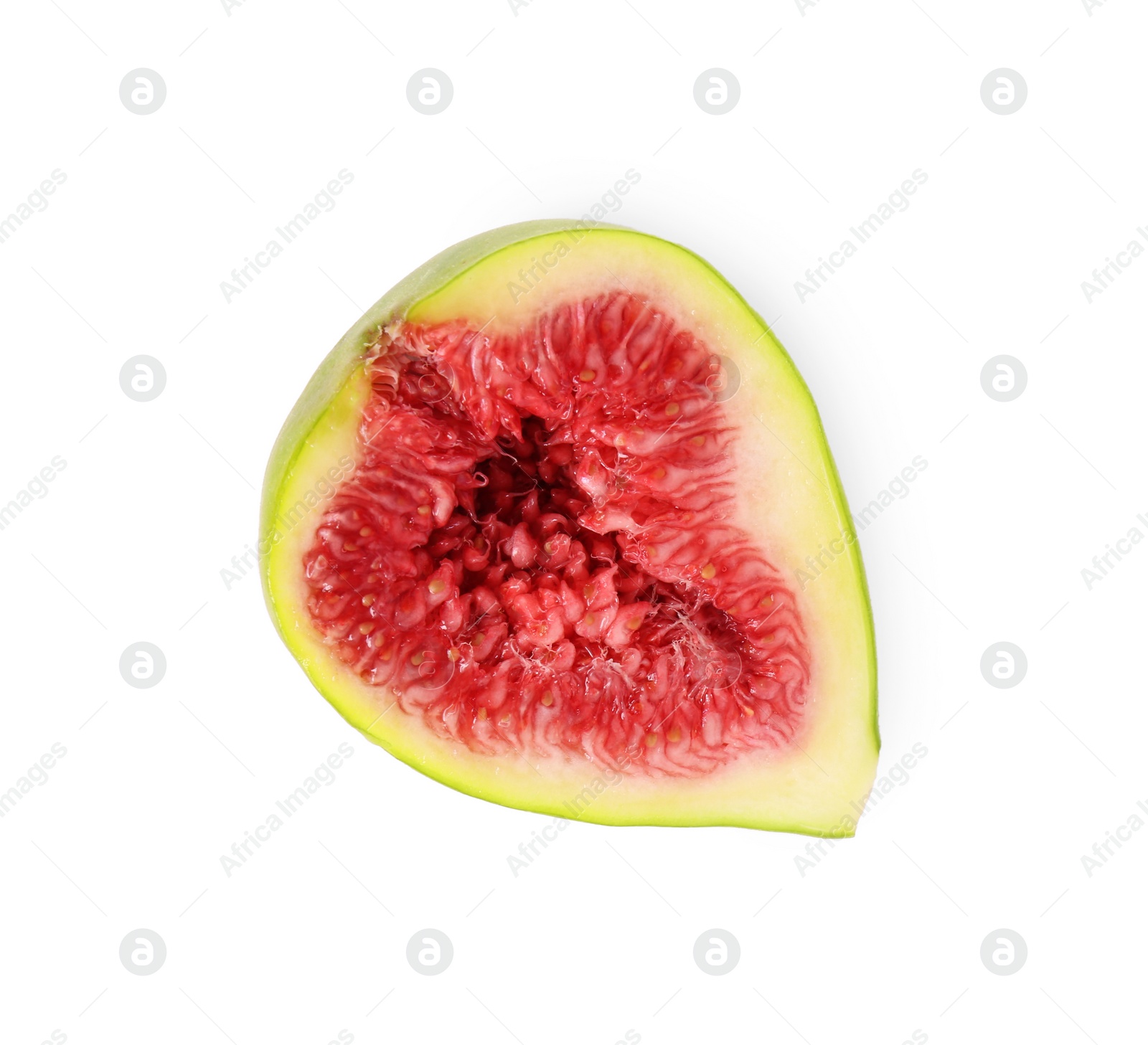 Photo of Half of fresh green fig isolated on white, top view