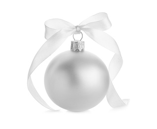 Photo of Beautiful Christmas ball with ribbon isolated on white