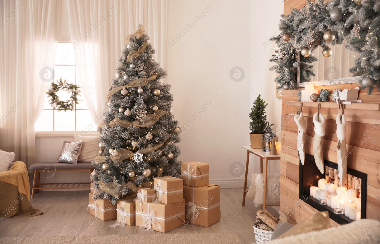 Photo of Beautiful Christmas interior of living room with decorated tree