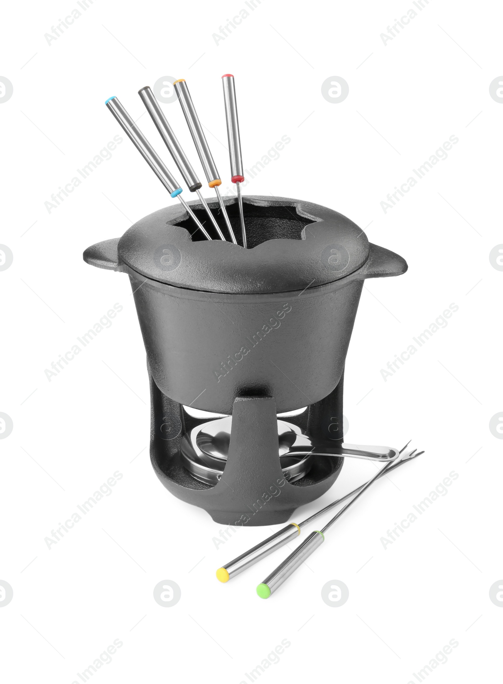 Photo of Fondue set isolated on white. Cooking utensils