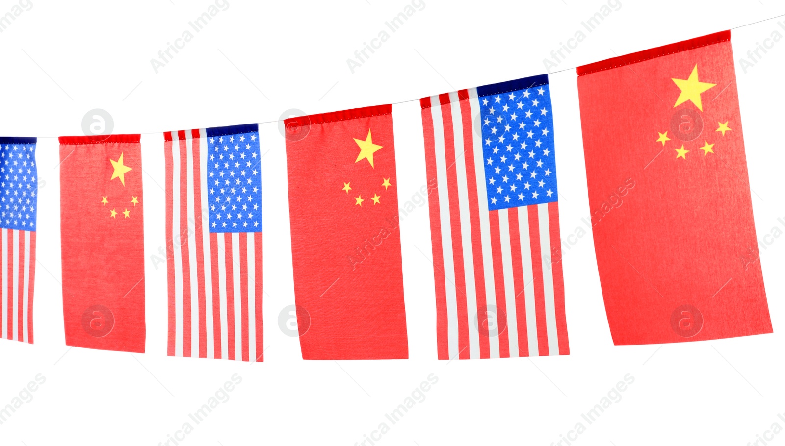 Photo of Garland with USA and China flags on white background. International relations