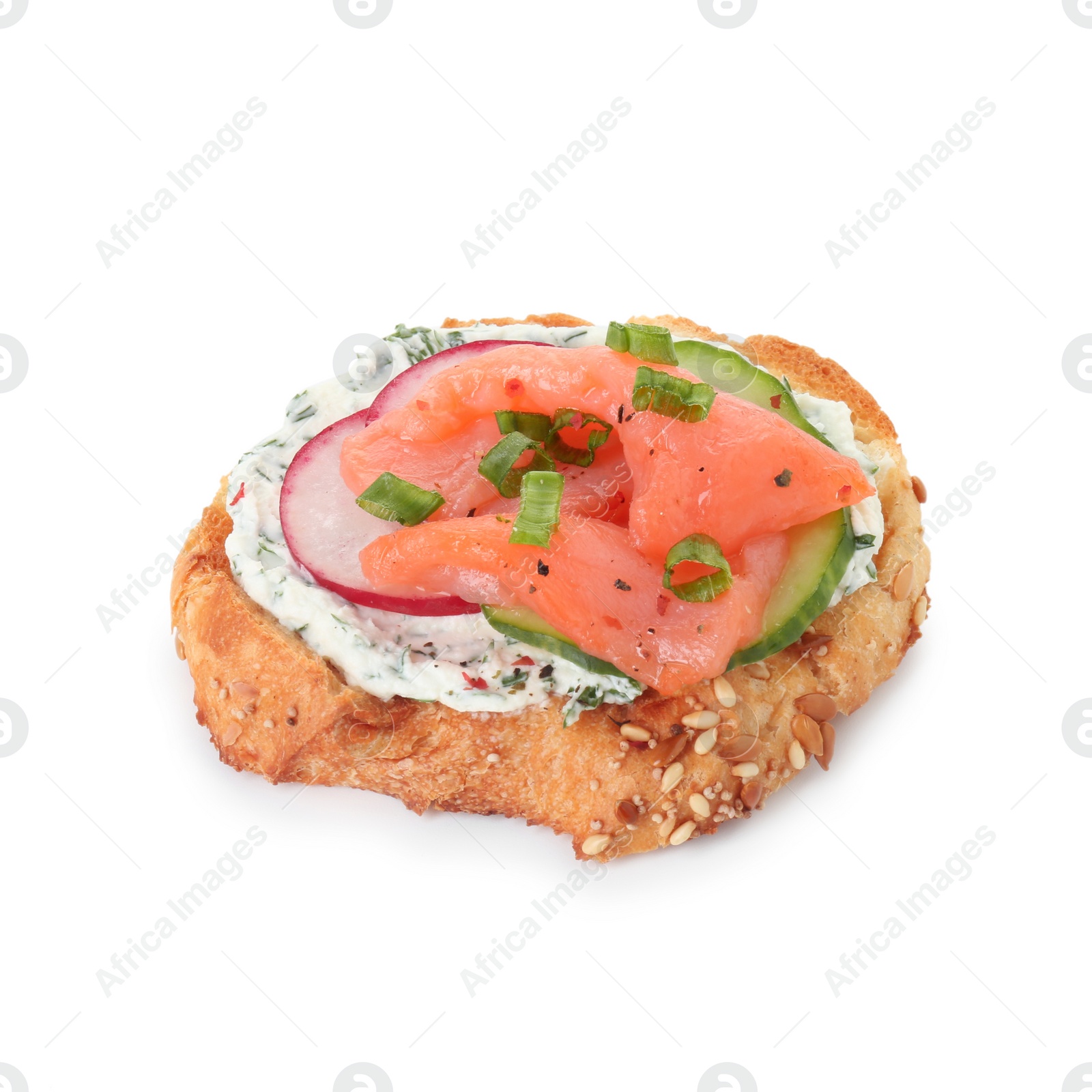 Photo of Tasty canape with salmon, cucumber, radish and cream cheese isolated on white