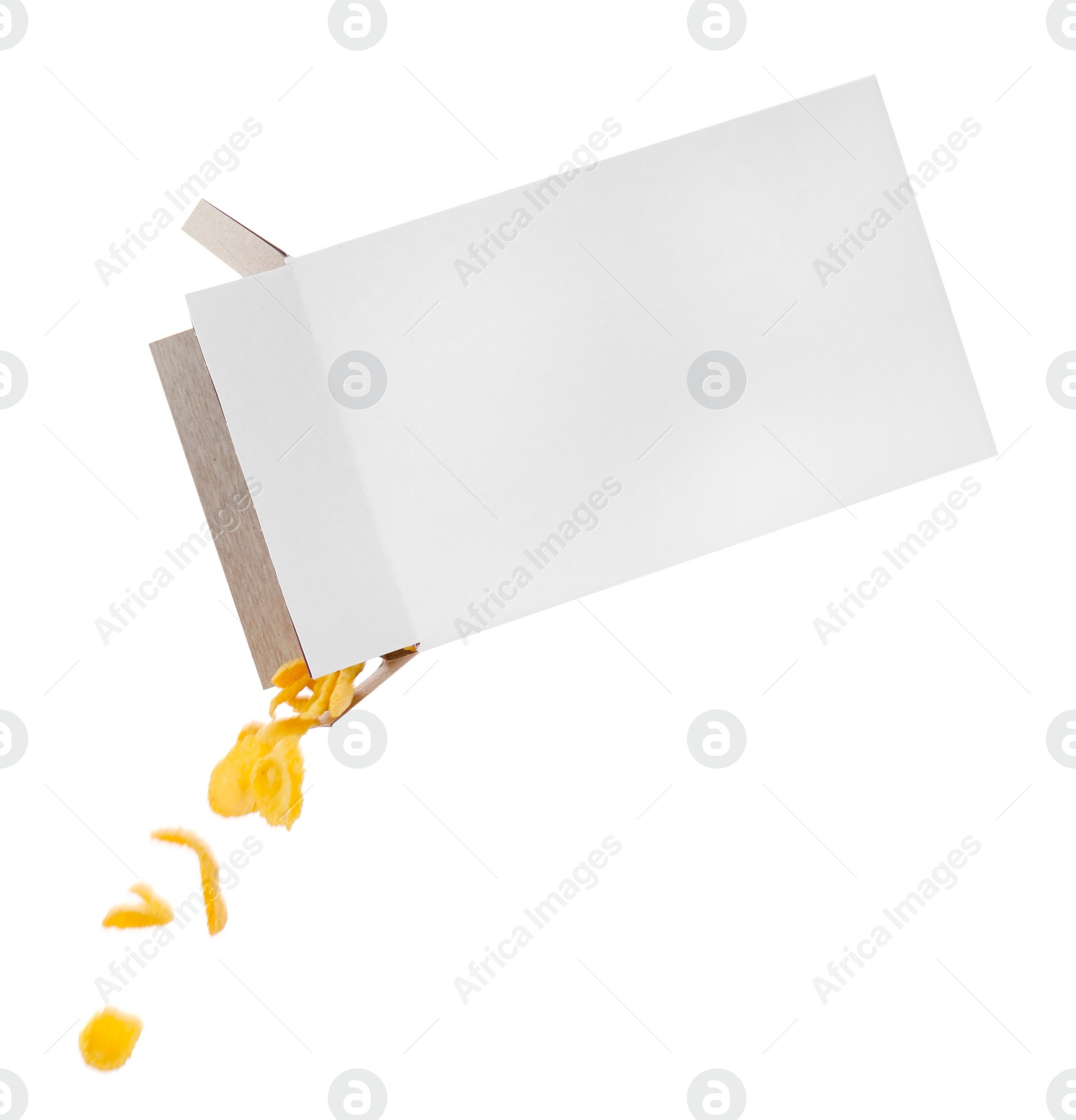 Photo of Pouring tasty corn flakes from paper box on white background. Breakfast cereal