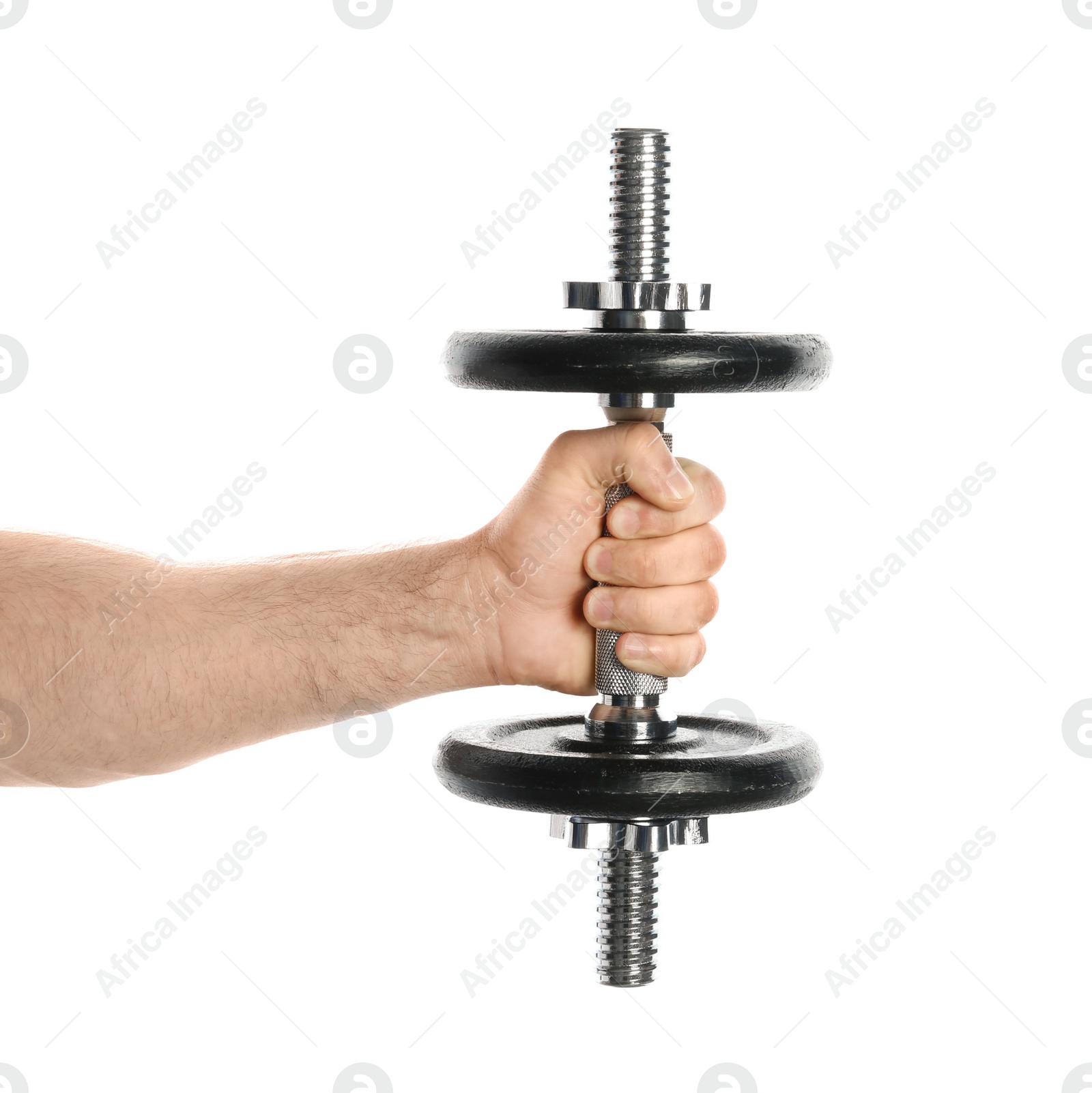 Photo of Male athlete holding metal dumbbell on white background